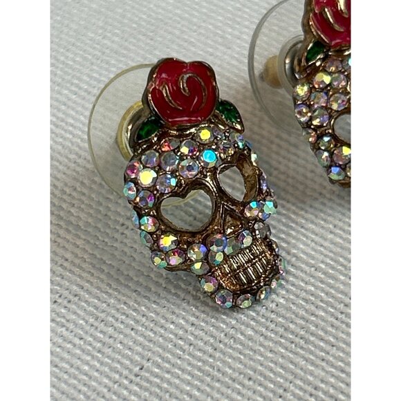 Sugar Skull Rhinestone Stud Earrings Red Rose Gold Tone Skeleton Design - Picture 3 of 7
